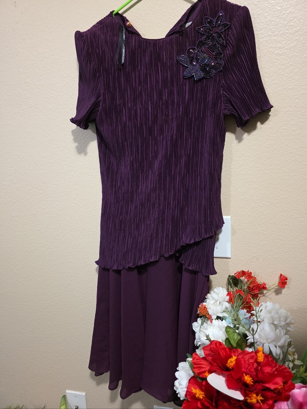 Women's Formal Purple Applique Pleated Dress